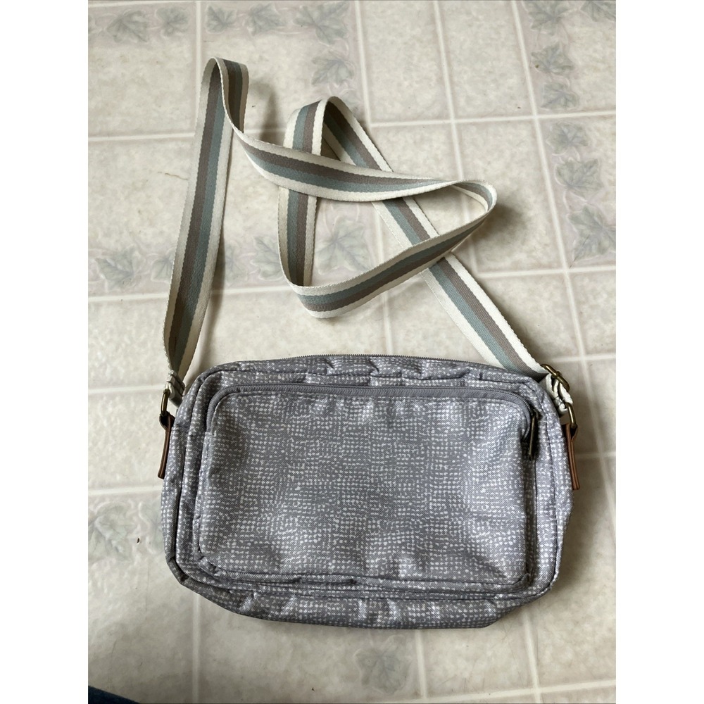 31‎ Thirty-One Crossbody Bag Cream with Gray Print Woven Canvas Stripe Strap